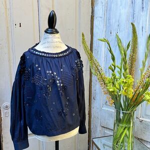 ANTHROPOLOGIE, PANKAJ & NIDHI EMBELLISHED NAVY SHIRT  SIZE M  NWOT